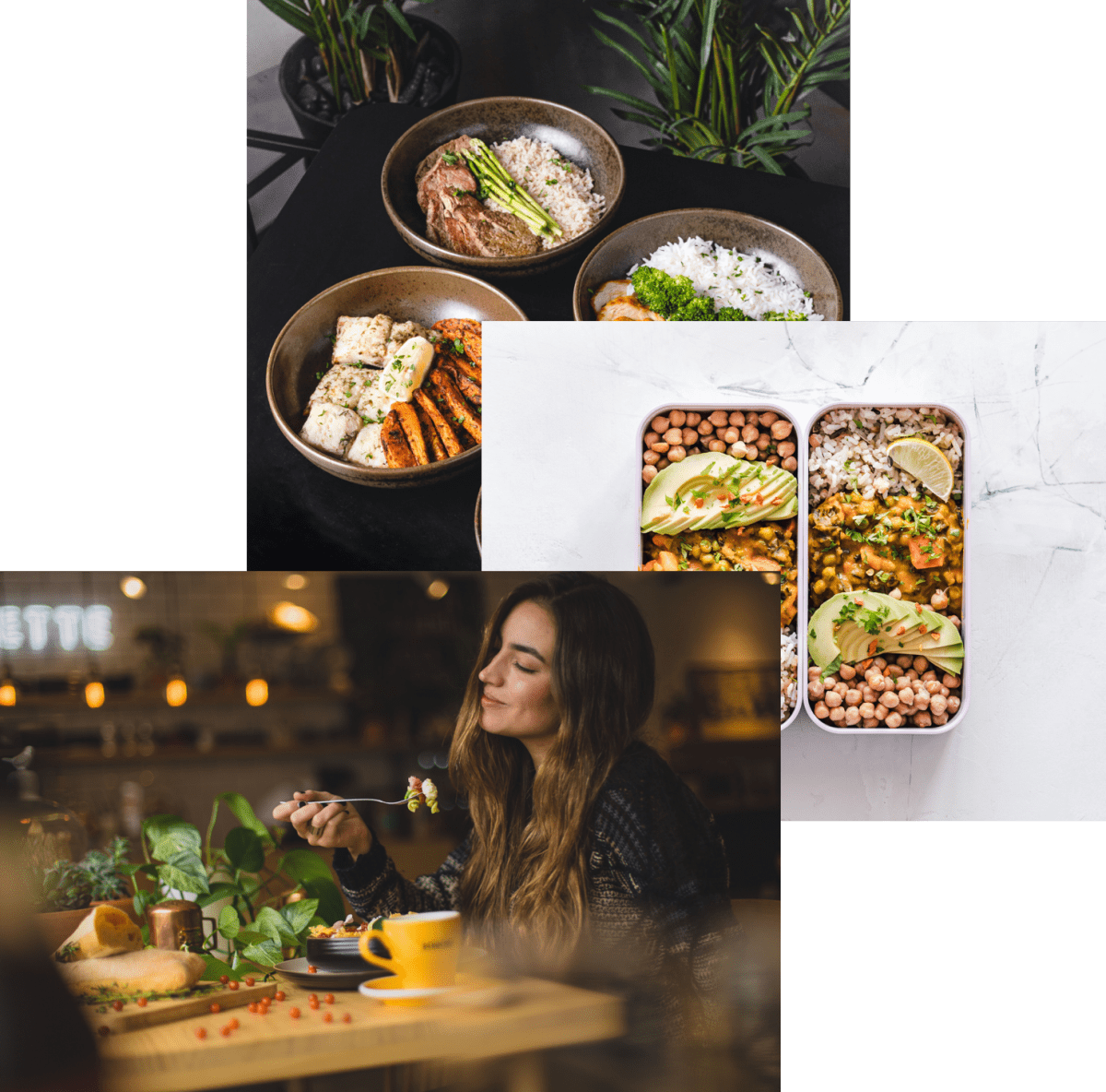 Woman enjoing food, meals in a storage container, and food bowls on the table